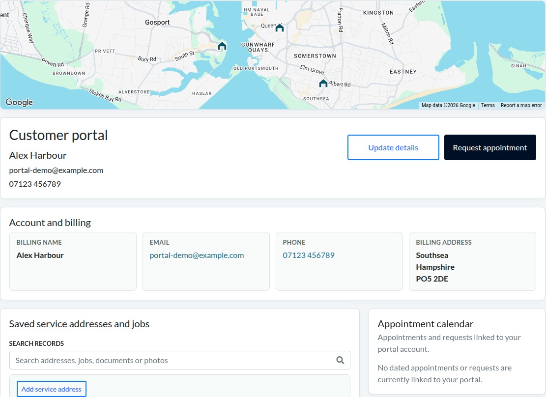 Homeowner customer portal overview with map, account details and service address records