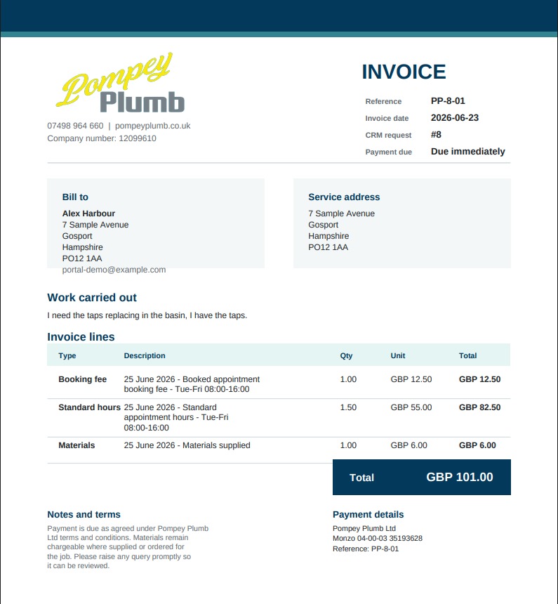 Customer portal invoice document view