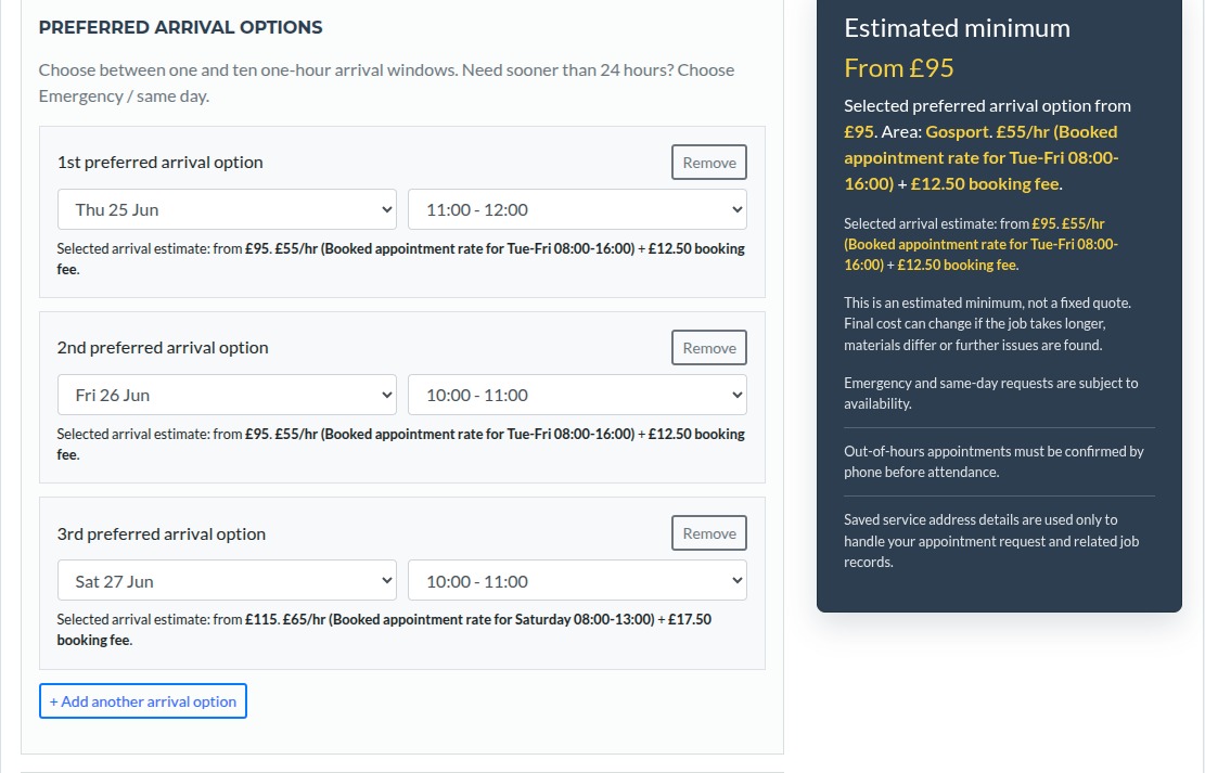 Preferred arrival options and appointment cost estimate in the customer portal