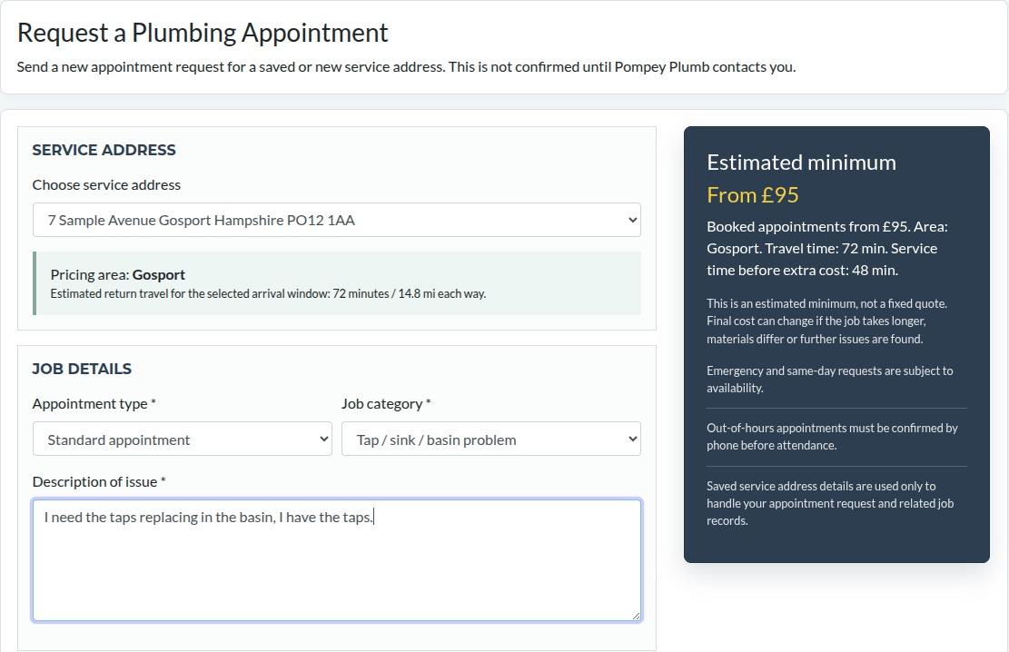 Customer portal appointment request form with estimated minimum cost panel