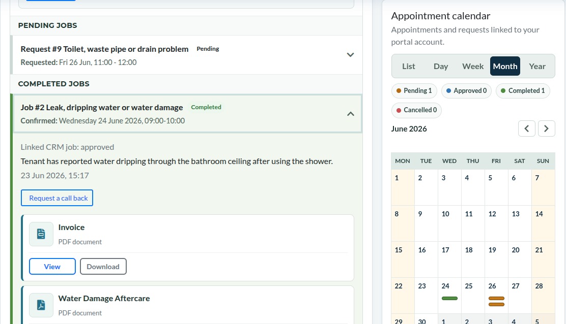 Completed landlord portal job with invoice and advice documents