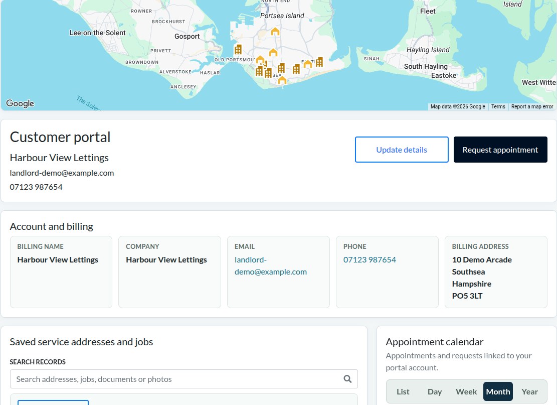 Landlord portal dashboard with account details, saved properties and map