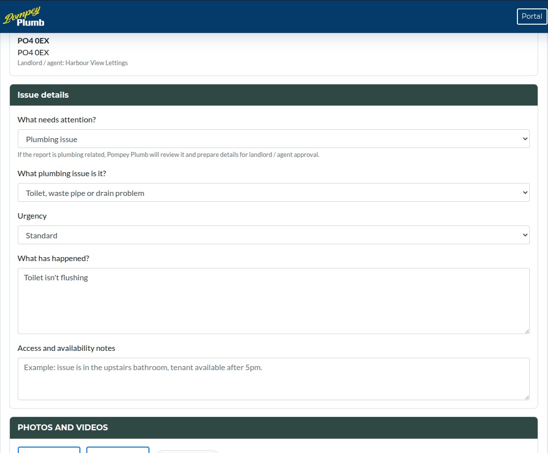Tenant issue report form with property and issue details