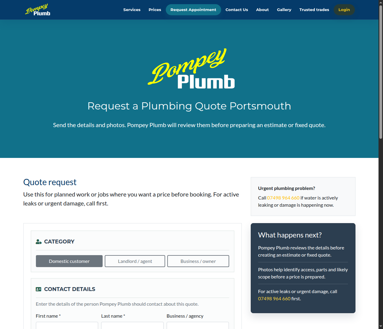 Pompey Plumb request a quote form with customer details and supporting file upload
